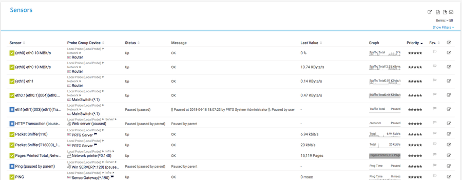 PRTG 웹인터페이스_센서 리스트 현황