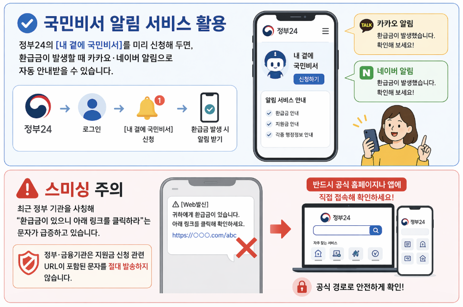 정부24 국민비서 환급금 알림 신청 카카오 네이버 알림 스미싱 사기 주의 정리