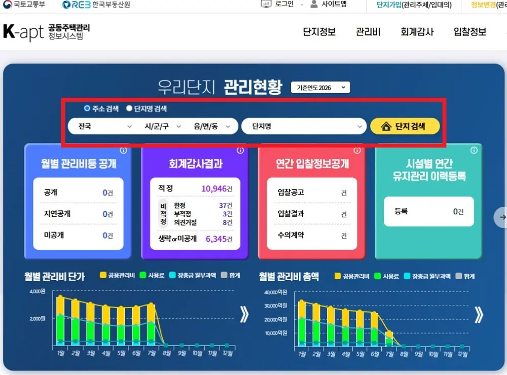 K-apt에서 우리 아파트를 검색하고 관리비 항목을 확인하는 화면