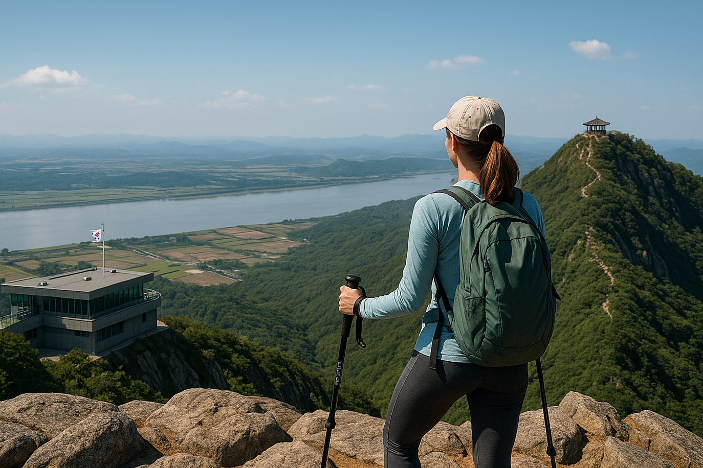 산 정상에서 밑에 풍경 바라보는 사람 사진