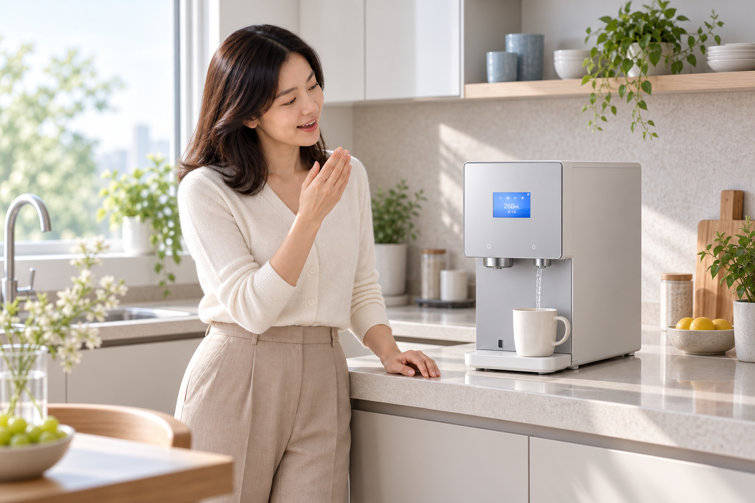 밝은 주방에서 삼성 비스포크 AI 얼음정수기에 음성 명령을 하고 일반 컵으로 정수 출수를 확인하는 모습