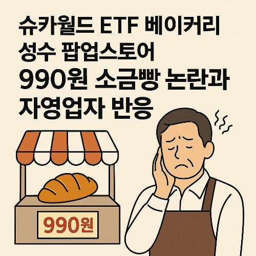 슈카월드 ETF 베이커리 성수 팝업스토어 990원 소금빵 논란과 자영업자 반응
