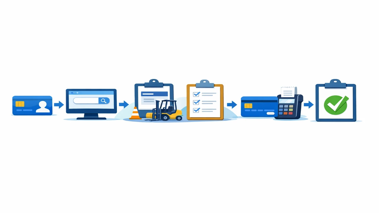 지게차운전기능사 내일배움카드 발급부터 수강신청까지의 흐름을 보여주는 이미지