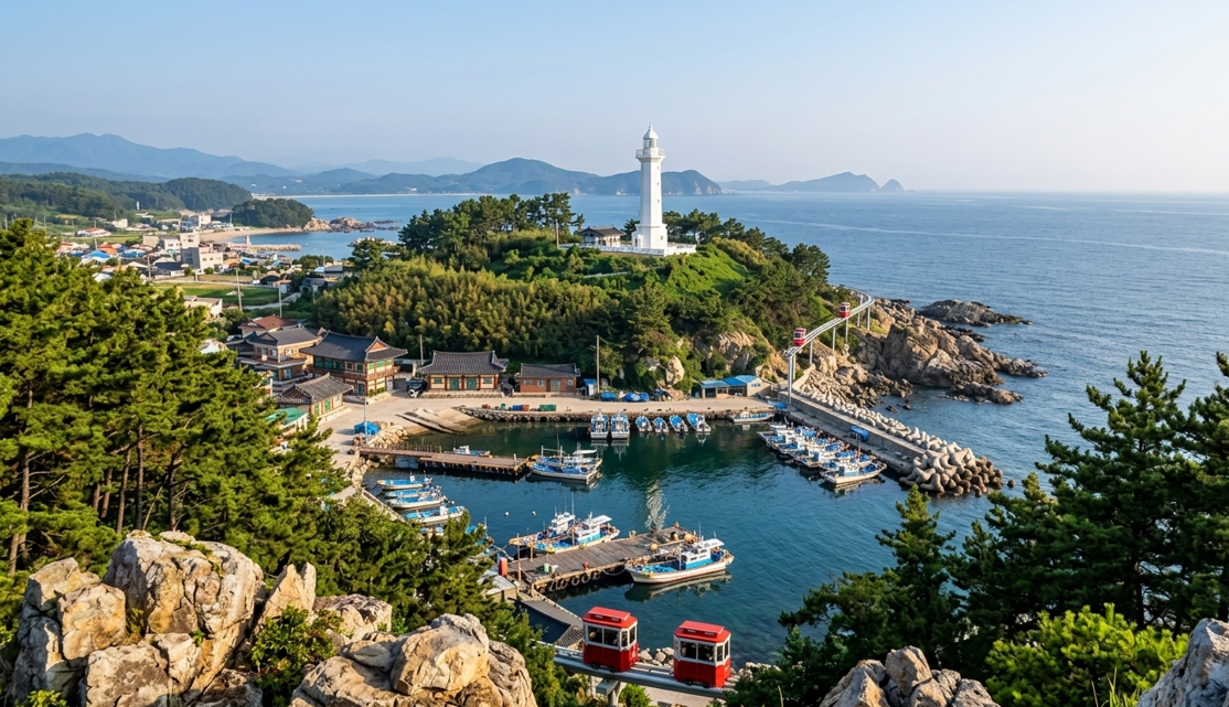 울진 죽변항 등대 언덕 위에서 내려다본 항구와 정박한 어선, 동해 바다 전경