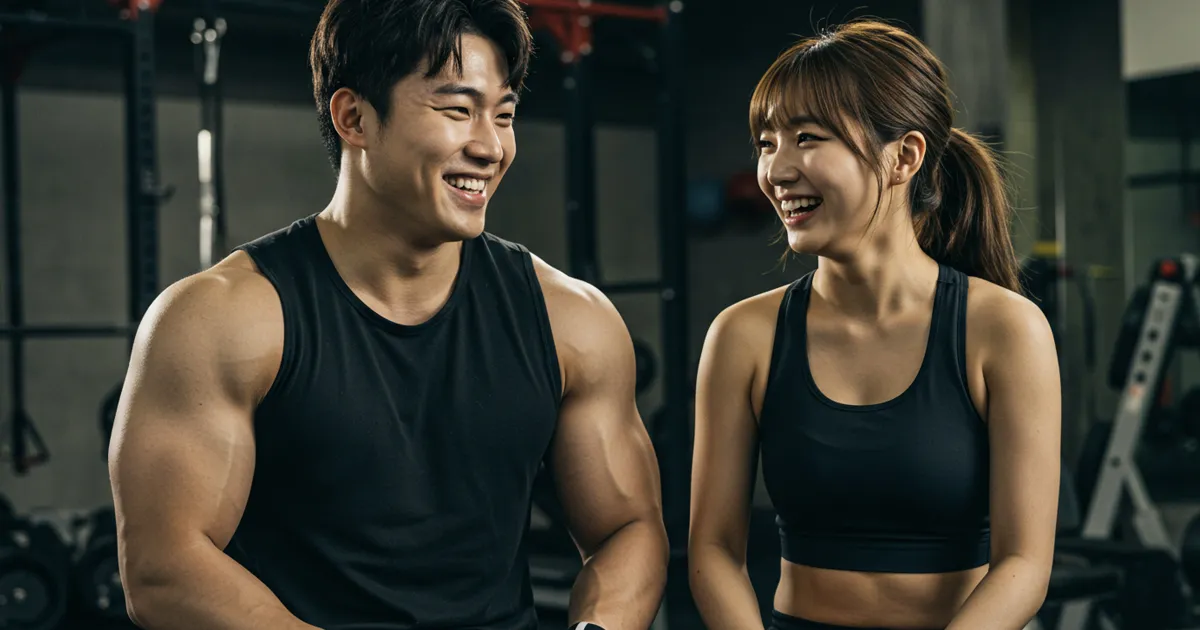 헬스장에서 남녀커플이 마주보고 웃고있는 이미지