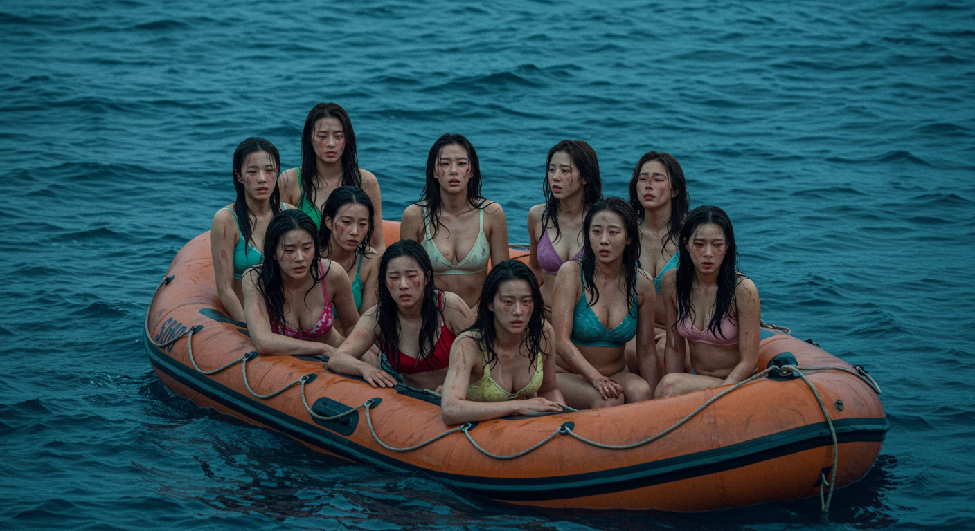 구명보트위에 앉아있는 여성들