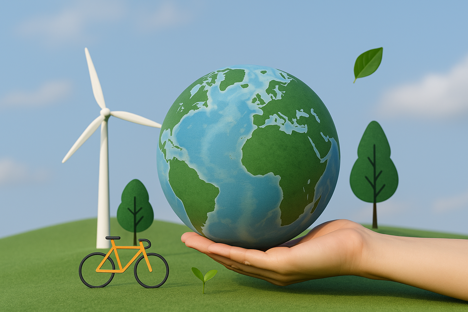 탄소중립을 표현하는 지구, 신재생에너지, 산림, 자전거를 표현한 그림