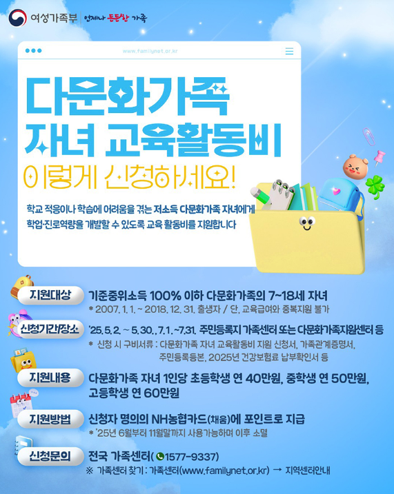 다문화가족 자녀 교육활동비, 2025 다문화가족 교육비, 다문화가족 지원금, 교육활동비 신청, 제출서류, NH농협카드 채움, 가족센터, 다문화가족지원센터, 여성가족부