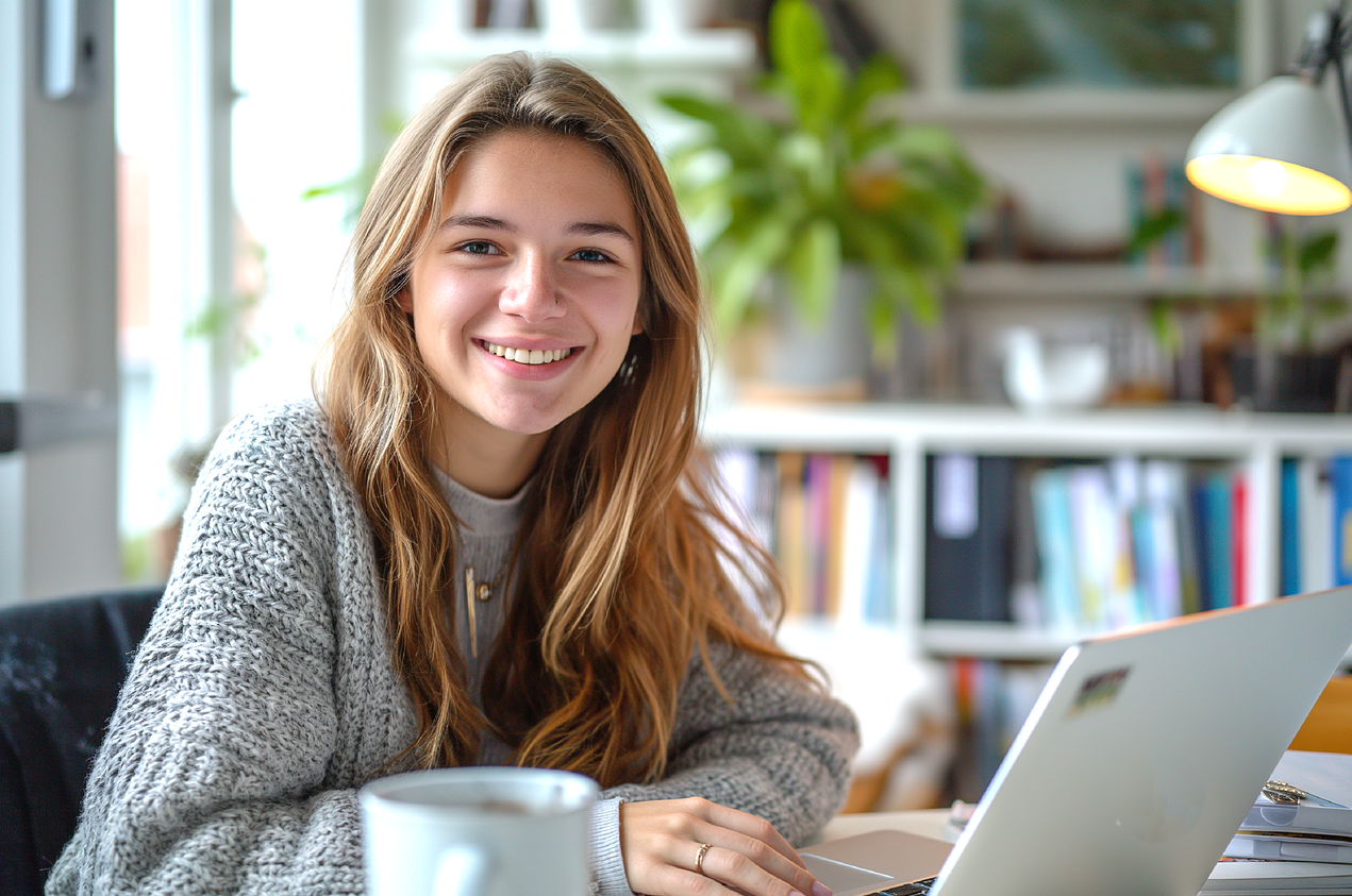 여학생이 노트북을 펼쳐놓고 있다