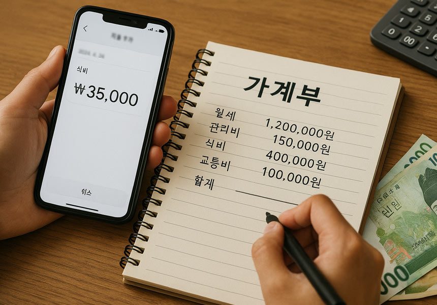 가계부에 지출을 적으며 예산을 관리하는 모습, 일상 속 재테크 표현
