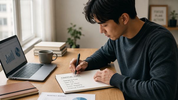 목표와 재정 계획을 기록하는 모습
