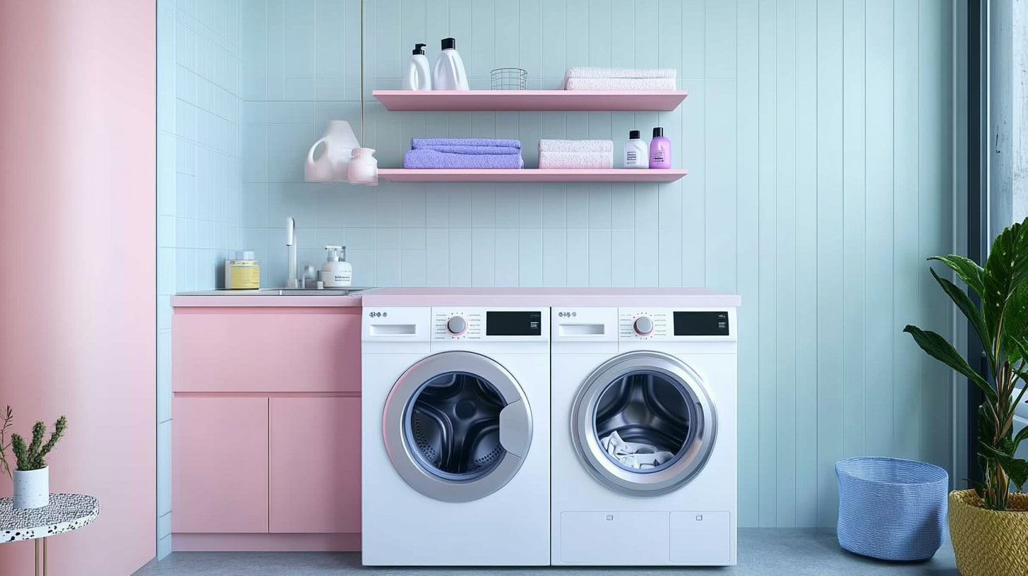 밝은 도시 스튜디오 아파트에 잘 맞춰진 컴팩트한 세탁 공간, 기능적인 선반 위에 세탁기와 건조기가 놓여져 있는 모습.