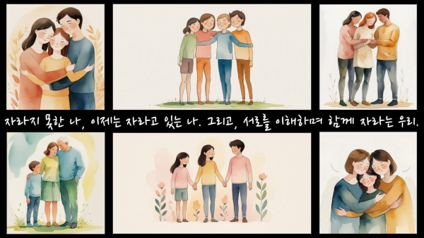 자라지 못한 나, 이제는 자라고 있는 나. 그리고, 서로를 이해하며 함께 자라는 우리에 관한 그림