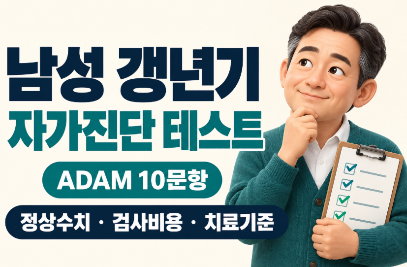 남성 갱년기 자가진단 테스트 총정리|ADAM 10문항·테스토스테론 정상수치·검사 비용·치료 기준