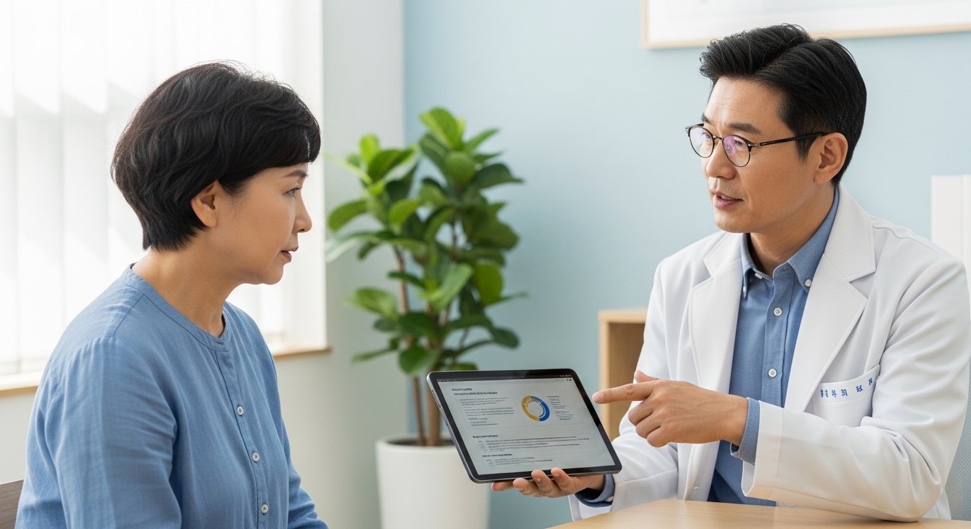 【IMG12 — 장기 복용 부작용에 대해 의사와 상담하는 60대 한국인 이미지】