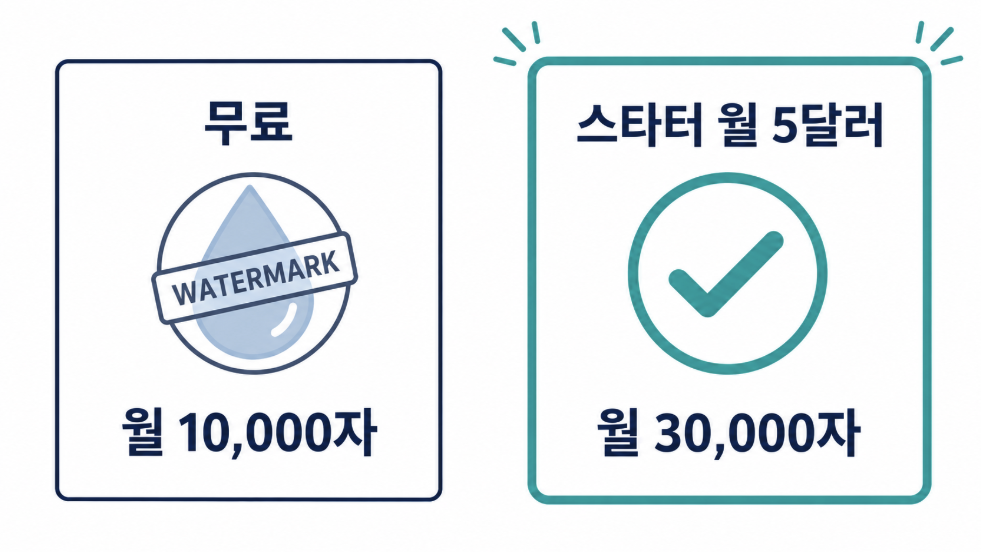 일레븐랩스 무료 요금제와 스타터 요금제의 차이를 비교한 인포그래픽