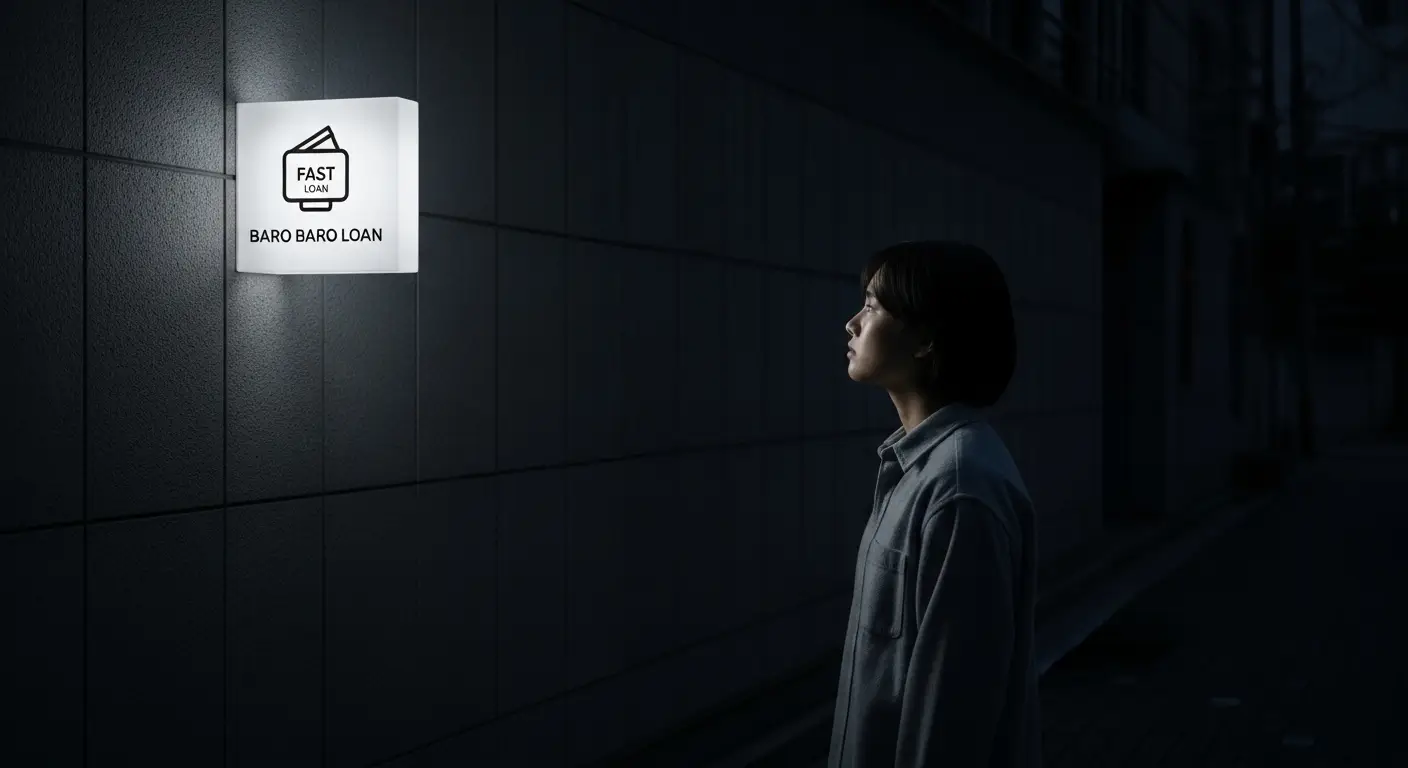 어두운 배경 속에서 '바로바로론'이라는 희미한 빛(대안)을 발견하는 한국인 사용자