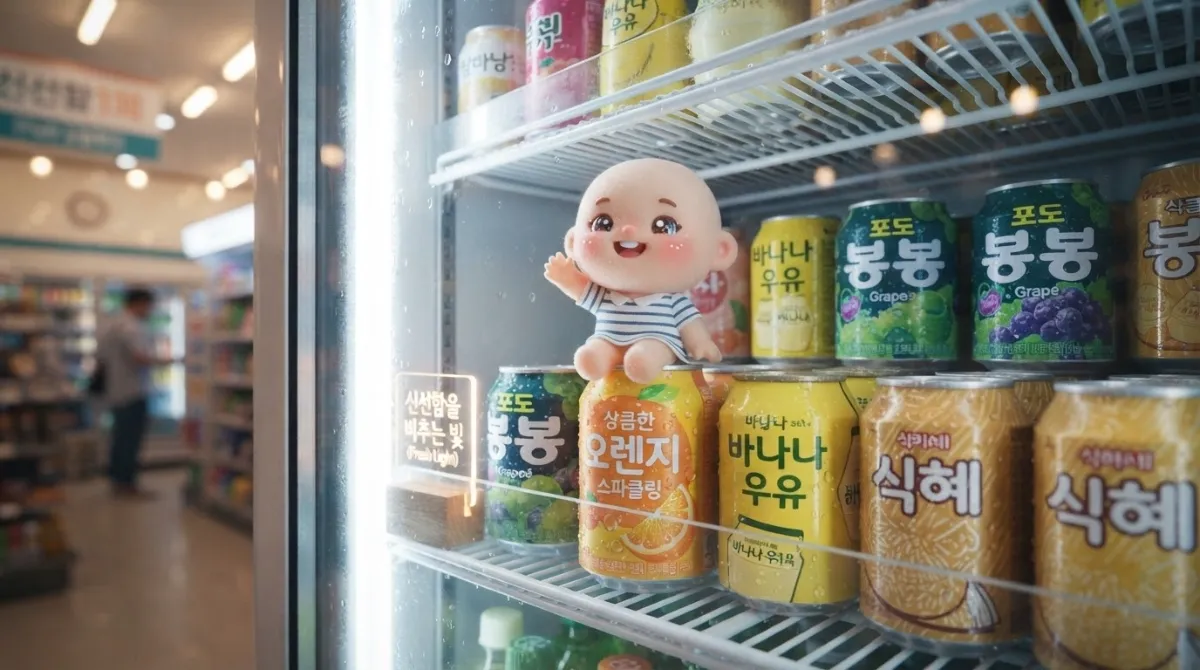 밝은 조명으로 가득 찬 음료 쇼케이스 안에서 작은 미니미 캐릭터가 캔 위에 앉아 손을 흔드는 신선한 식음료 연출 미니어처 합성 일러스트