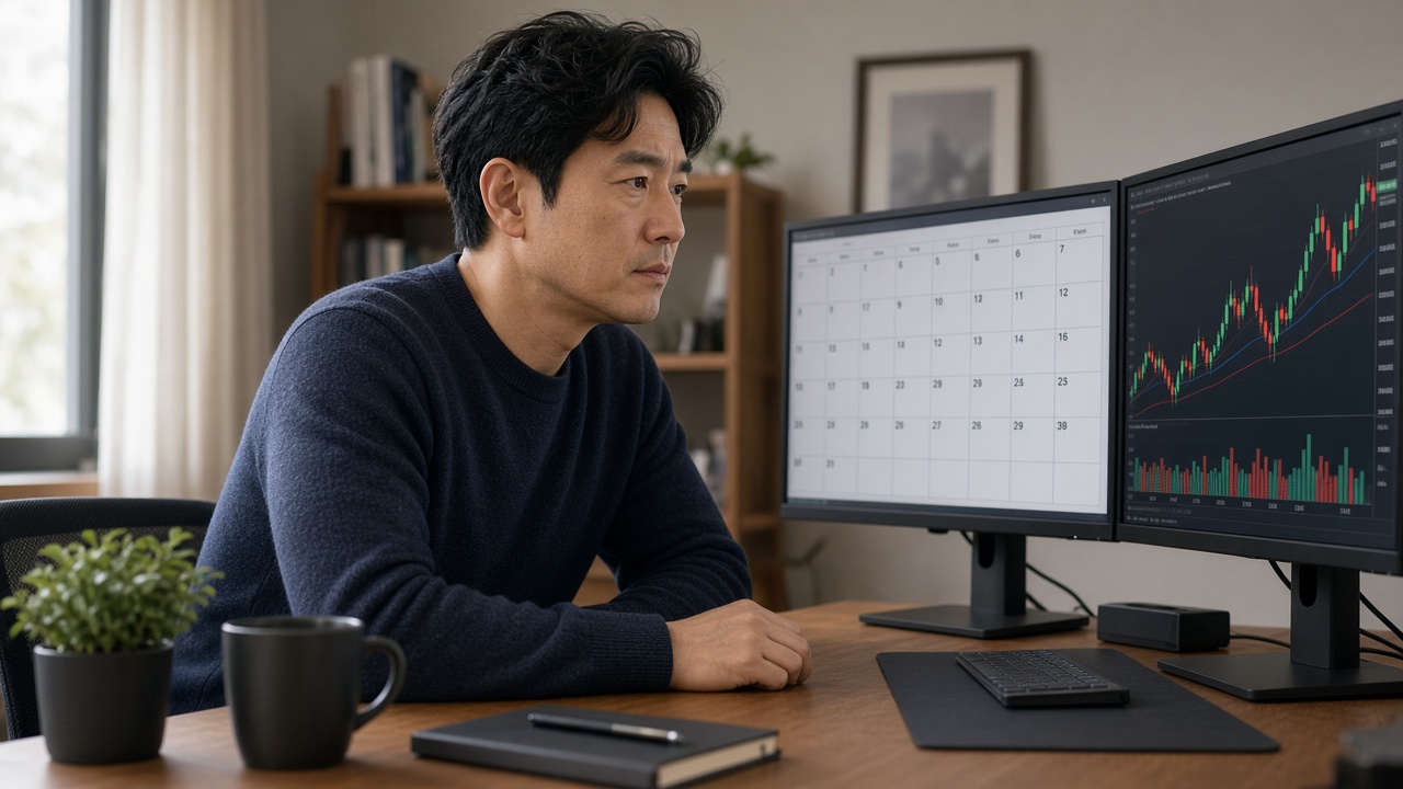 모니터 두 대에 실적 발표 일정표와 주가 차트를 띄워 비교하는 40대 한국인 남성 투자자
