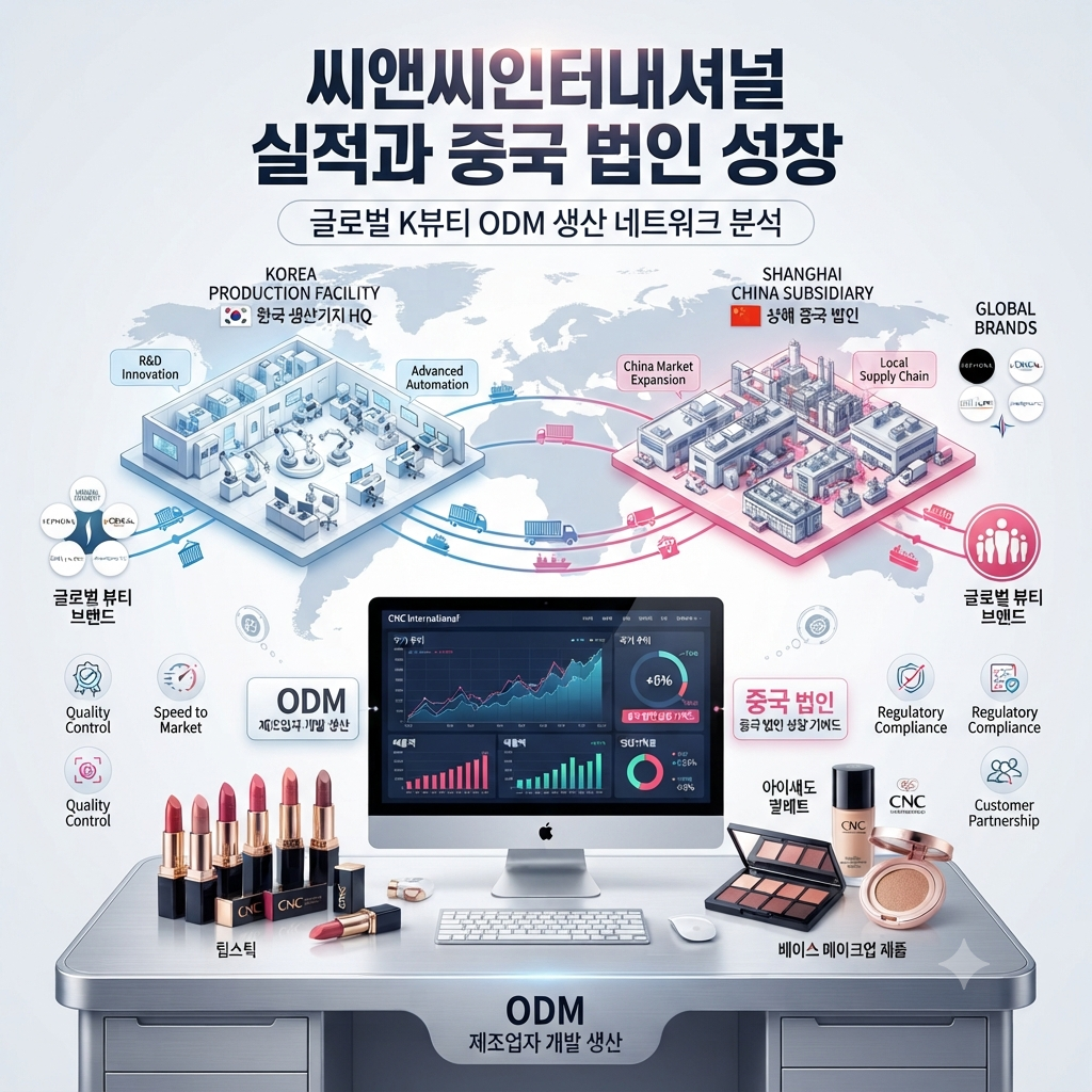 씨앤씨인터내셔널의 한국과 중국 생산거점 및 글로벌 K뷰티 ODM 사업을 표현한 이미지