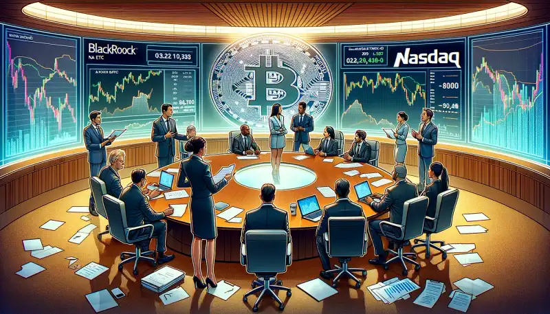 원탁에 둘러싸인 사람들이 비트코인에 대한 회의를 하고 있는 장면