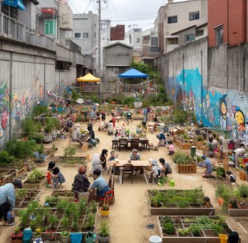 유휴지를 문화 공간으로 꾸미는 마을 주민들의 모습