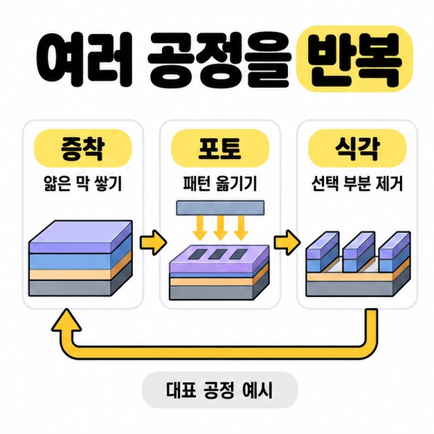 증착과 포토 및 식각의 단면 그림을 가로로 연결하고 되돌아가는 화살표로 공정 반복을 나타낸 도식