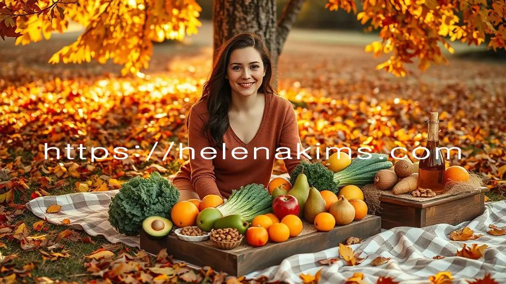 가을 환절기 분위기의 자연광 비추는 나무 아래, 돗자리를 깔고 앉아 있는 건강한 피부를 가진 젊은 여성이 부드럽게 미소 짓고 있으며, 탁자 위에는 가을 낙엽과 제철 식재료인 아보카도, 호두, 녹색 채소, 사과, 배, 감, 올리브오일, 감귤류, 고구마 등이 풍성하게 놓여 있는 모습.