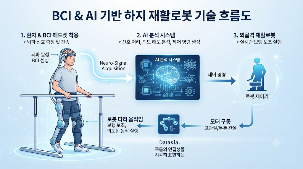 뇌파 헤드셋과 AI를 이용해 재활로봇을 제어하는 BCI 개념도