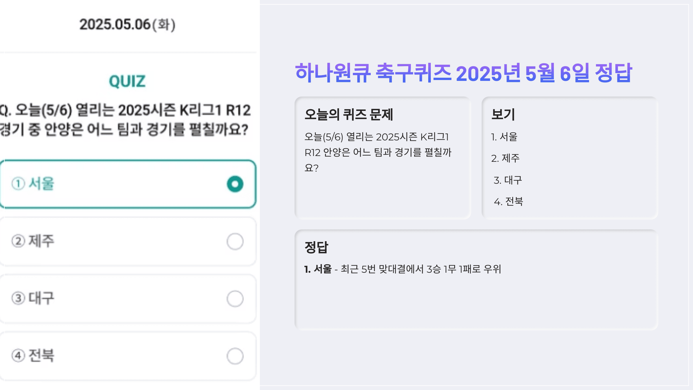 하나원큐 축구퀴즈 2025년 5월 6일 문제 및 정답