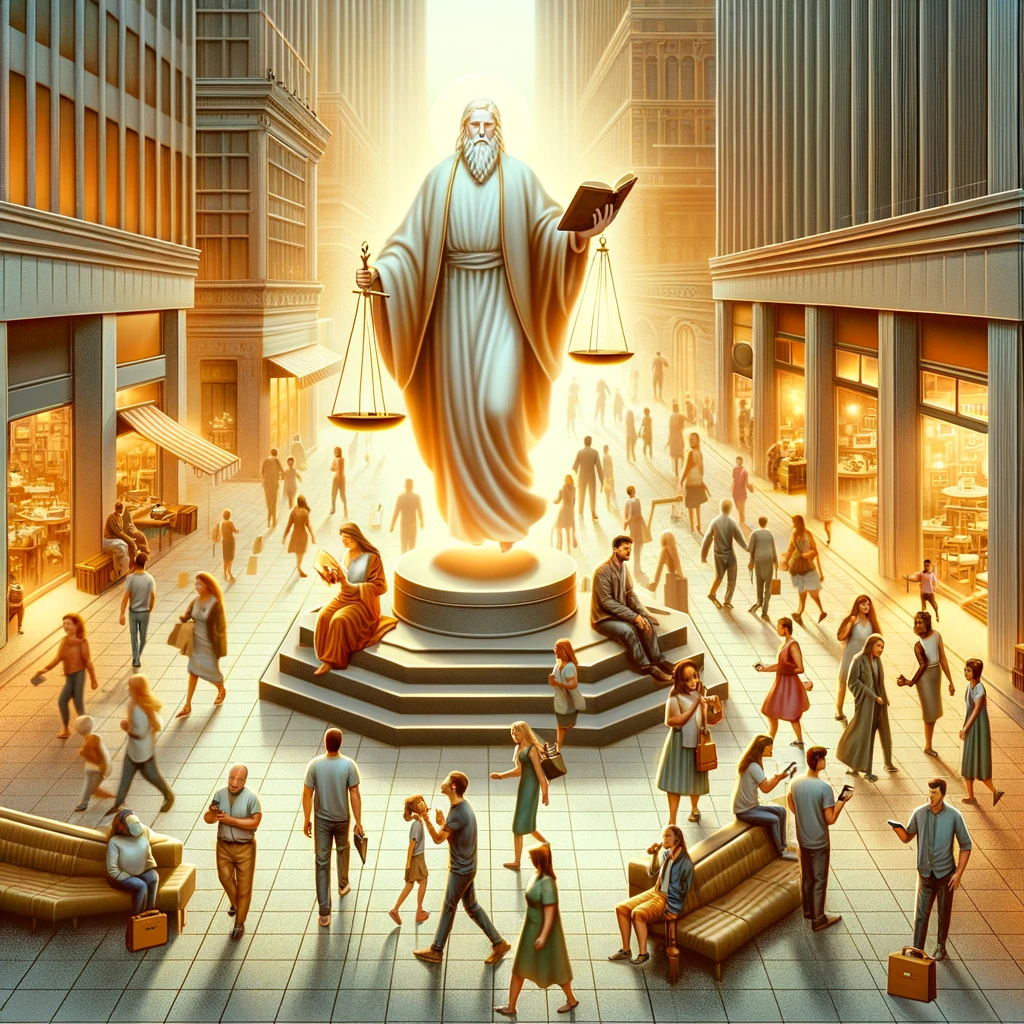 Here is the image that illustrate the concept of God as just and righteous, set against the backdrop of contemporary everyday life..