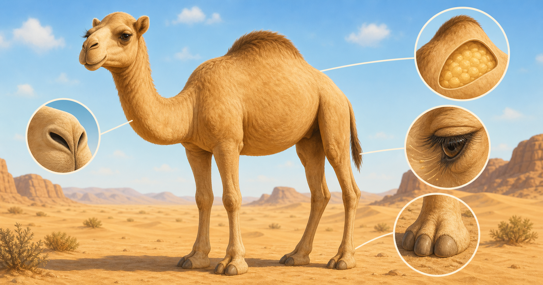 Educational illustration of a camel in a desert with humps, long eyelashes, and wide feet