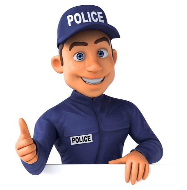 남색 경찰복을 입은 젊은 남자 경찰이 오른 손 엄지를 세우고 웃고있다. 모자엔 하얀색 영문자로 폴리스라고 적혀있다.