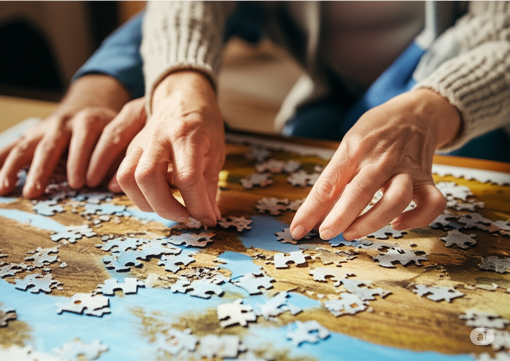 노부부 퍼즐마추는 이미지