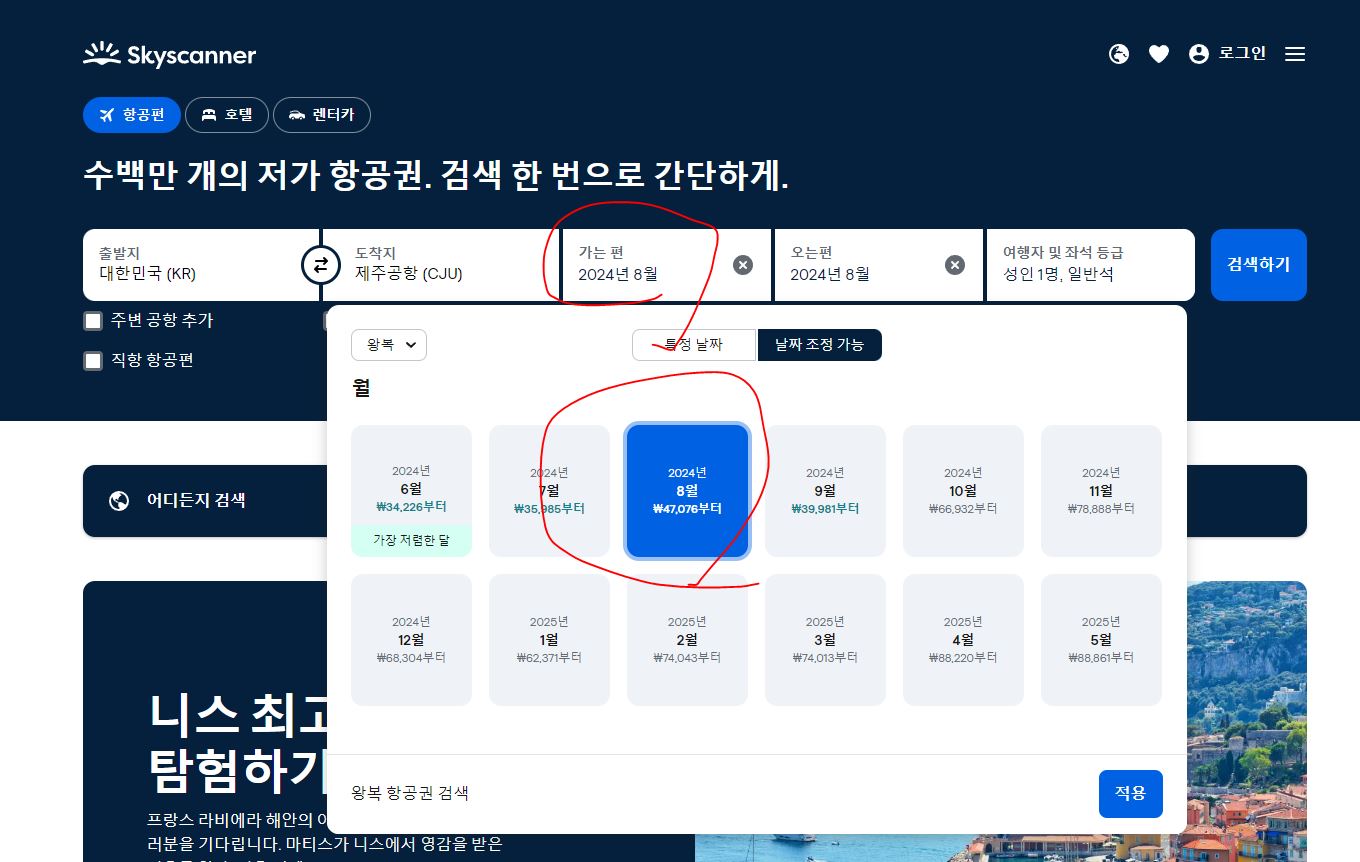 스카이스캐너 월별 가는 날