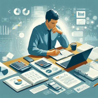 계산기와 그래프를 이용해 계산하는 남성