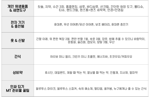 새내기 MT 준비물 총정리 체크리스트 완벽 정리