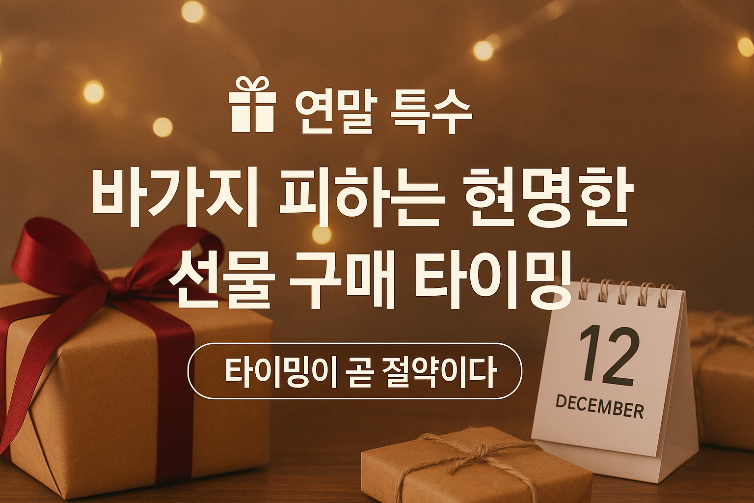 따뜻한 조명 아래 포장된 선물 상자와 12월 달력이 놓인 장면. 중앙에 &lsquo;연말 특수, 바가지 피하는 현명한 선물 구매 타이밍&rsquo; 문구가 적혀 있음.