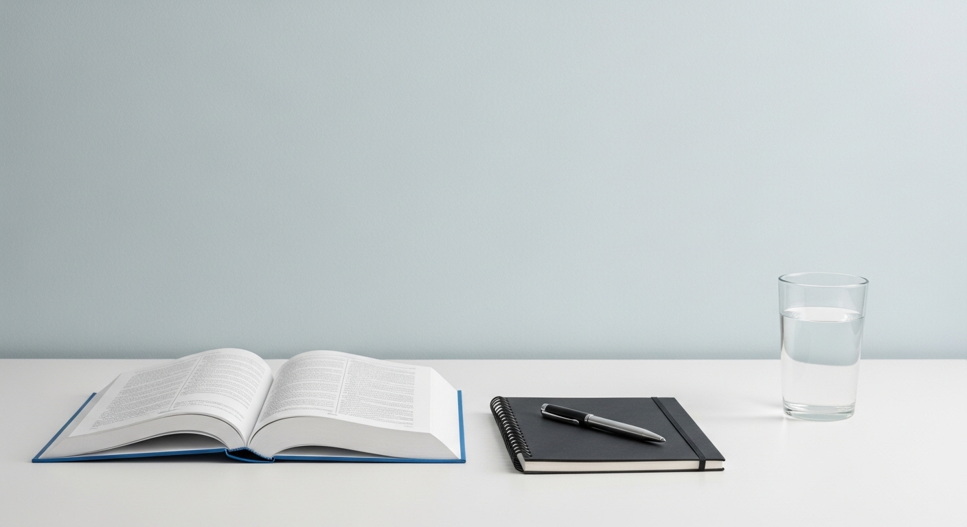 정리정돈이 잘 된 미니멀한 공부 책상. 책상 위에는 교재, 노트, 펜, 물 한 잔만 놓여 있어 시각적 방해 없이 집중력을 높이는 데 최적화된 모습을 보여줍니다.
