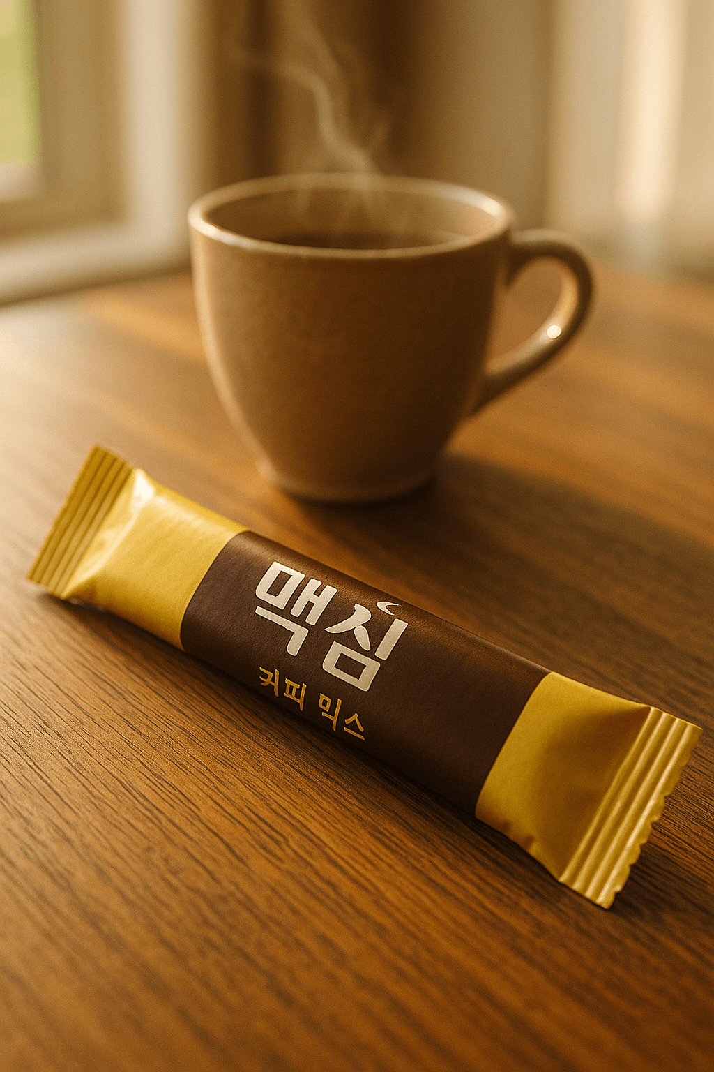 믹스커피 한잔과 아직 뜯지 않은 맥심 커피믹스