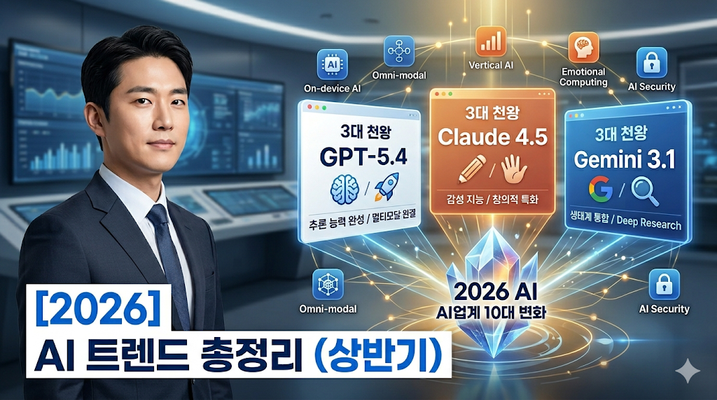 스마트한 인상의 전문가가 미래지향적인 관제 센터를 배경으로 2026년 상반기 AI 트렌드를 설명하는 이미지입니다. 중앙에는 'GPT-5.4', 'Claude 4.5', 'Gemini 3.1' 등 주요 AI 모델의 업데이트 내용이 카드 형태로 나열되어 있으며, 그 주변으로 'On-device AI', 'Omni-modal', 'AI Security' 등 10대 변화를 상징하는 아이콘들이 배치되어 있습니다. 하단에는 '[2026] AI 트렌드 총정리 (상반기)'라는 문구가 크게 적혀 있습니다.