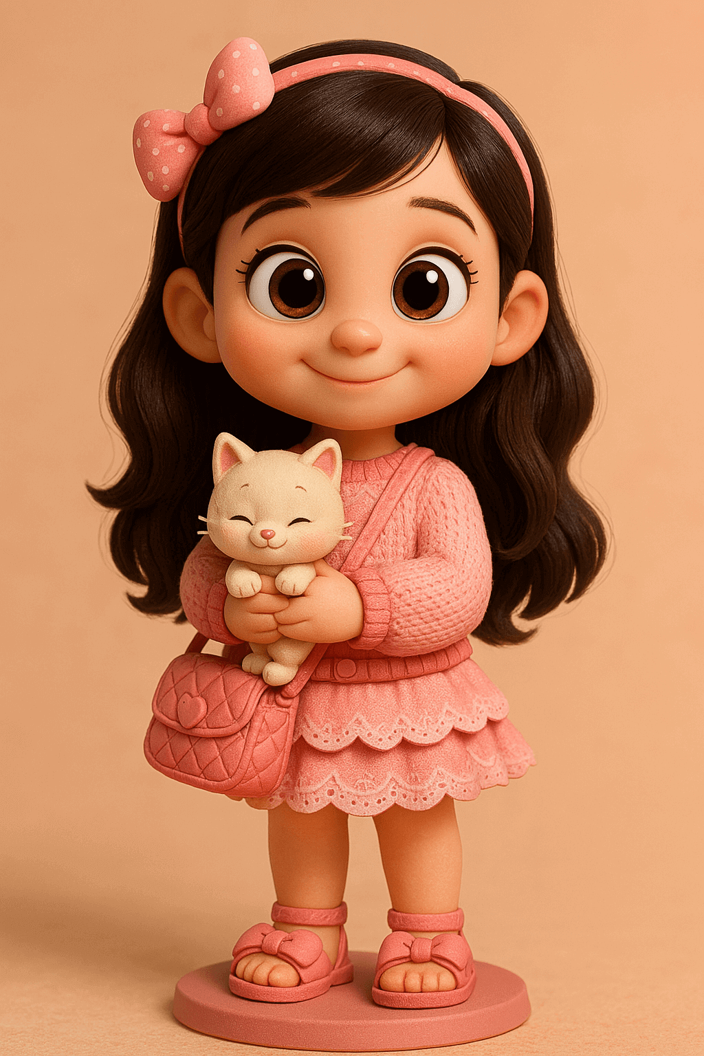 프롬프트 '픽사 스타일의 귀여운 여자 어린이 캐릭터를 피규어처럼 묘사해줘. 커다란 눈, 둥근 얼굴, 반짝이는 눈동자, 미소 짓는 표정, 손에 작은 고양이를 들고 있는 모습으로 만들어줘.'로 생성된 AI 이미지