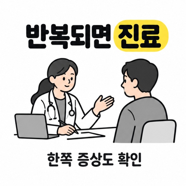 의료진과 상담하는 장면으로 반복되거나 한쪽에 나타나는 증상의 진료 필요성을 보여주는 그림