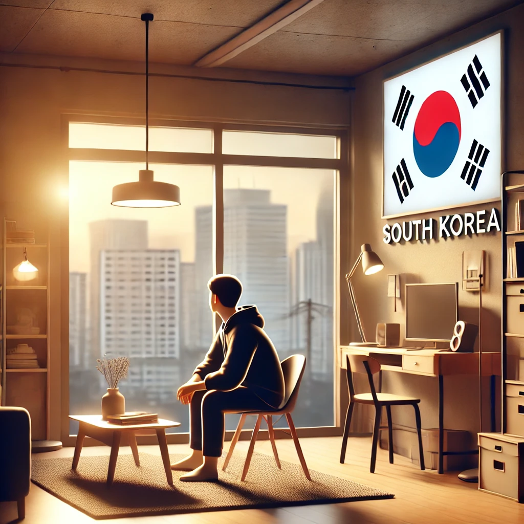 &quot;한국의 현대적인 아파트 내부를 배경으로, 한 청년이 편안하게 거주하는 모습을 담은 이미지. 따뜻하고 아늑한 분위기가 강조되며, 정부의 청년 월세 지원 프로그램을 상징하는 요소가 포함됨. 방 안에는 작은 책상과 편안한 의자, 그리고 도시 전망이 보이는 창문이 있으며, 합리적인 주거 환경을 표현함.&quot;
