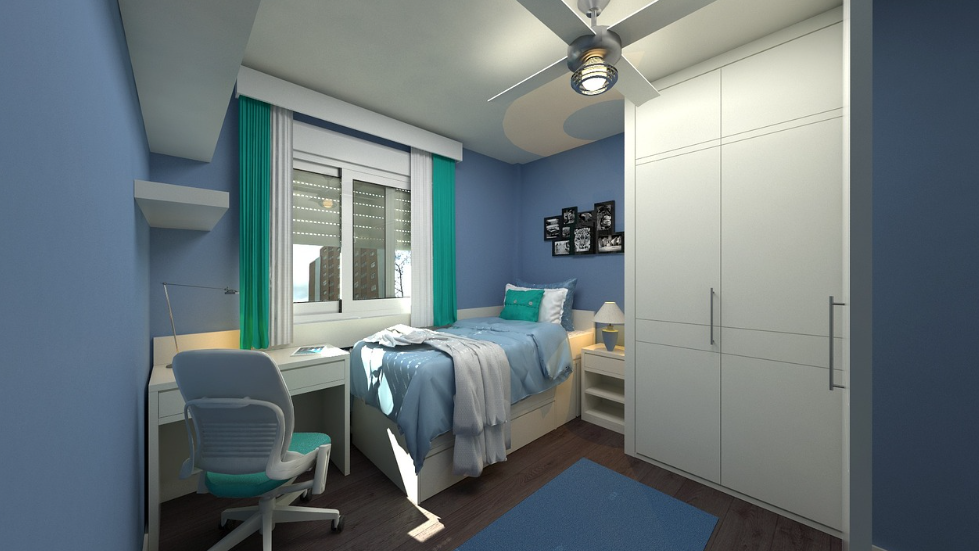 침대와 책상이 있는 작은 방