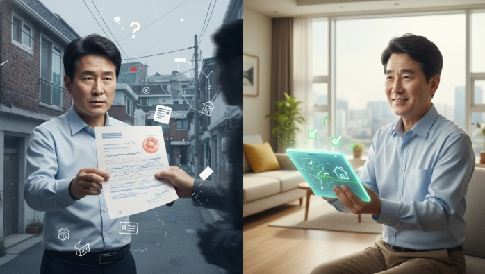 베트남 실거주지 신고 누락으로 인한 불안감과 정확한 온라인 거주신고로 얻는 안정감을 대비하는 이미지