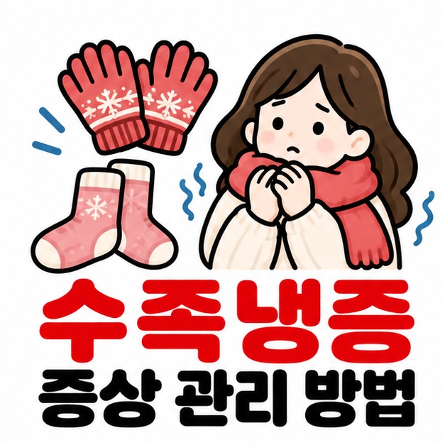 장갑과 양말을 착용한 손발 아이콘 옆에 수족냉증 증상 관리 방법 문구를 크게 보여주는 대표 카드