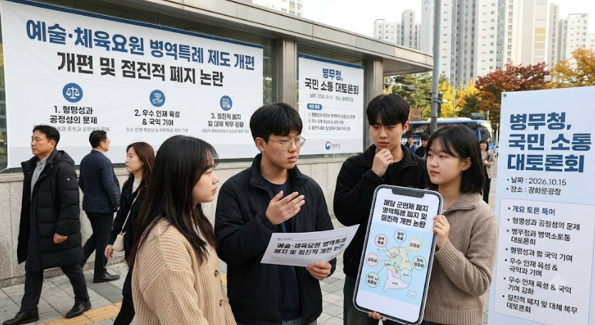 alt="메달 군면제 및 예술 체육요원 병역특례 제도 개편과 점진적 폐지 논란 토론 현장 사진"