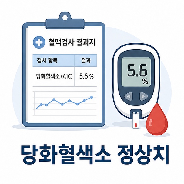 혈액검사 결과지와 혈당 아이콘으로 표현한 당화혈색소 정상치 안내 이미지