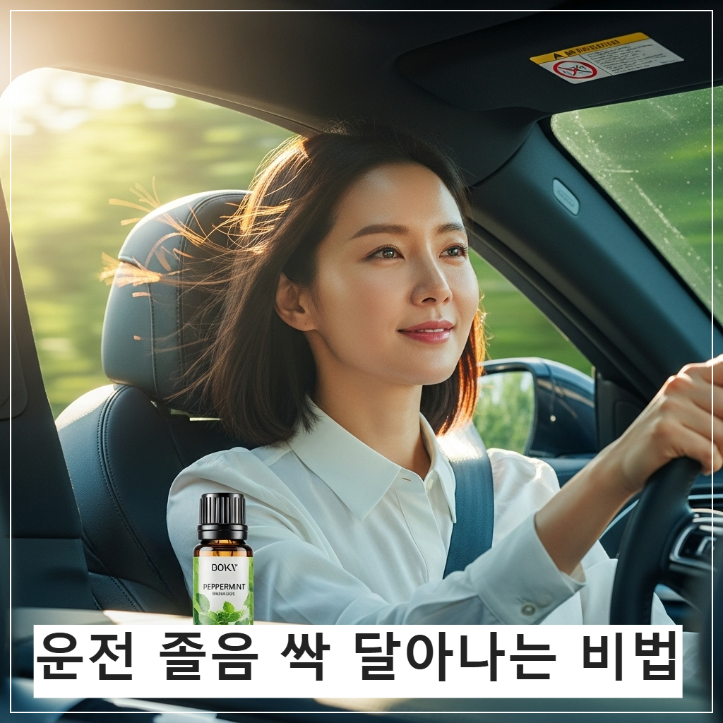 운전석에 앉은 운전자가 시원한 바람을 맞으며 맑은 표정으로 운전대를 잡고 있는 모습. 차 안에는 상큼한 허브 향기가 퍼지는 듯한 그래픽 효과가 있으며, 창밖으로는 푸른 하늘이 펼쳐짐